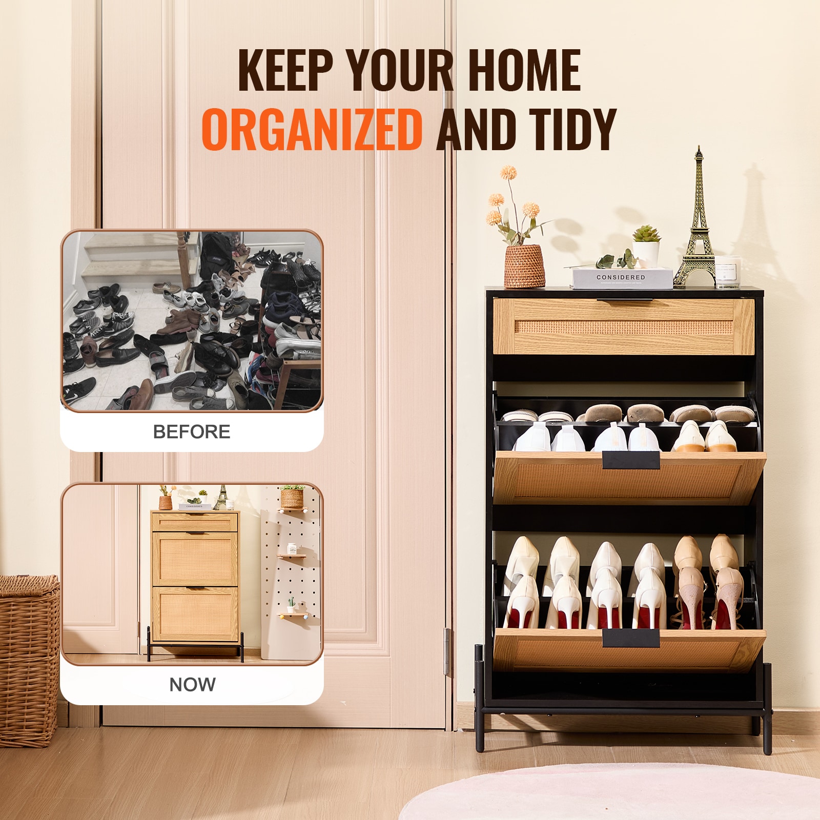 Rattan Shoe Cabinet, Narrow Shoe Storage Organizer With 2 Flip Rattan Drawers & 1 Slide Drawer, Metal Legs, Slim Shoe Entryway Cabinet Ideal For Entryway, Closet, Hallway, Black_maomaolike.com